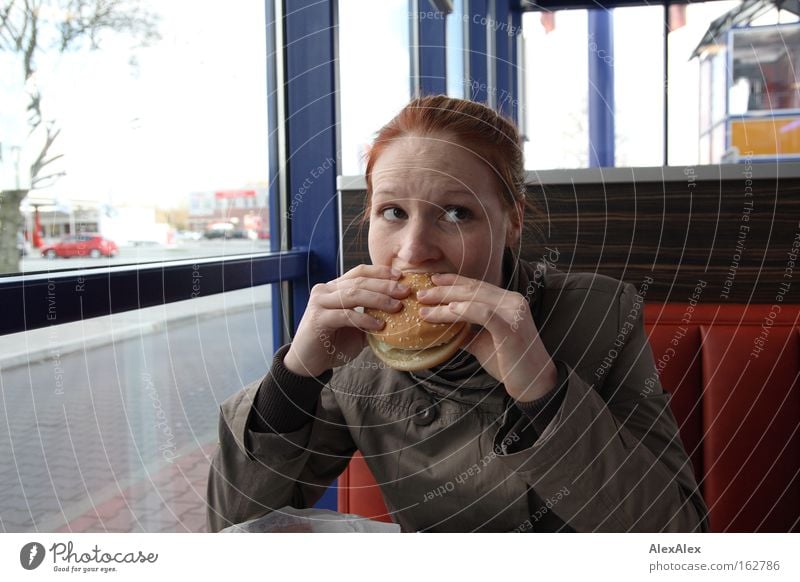 Open your mouth! Nutrition Eating Fast food Gastronomy Woman Adults Red-haired Moody Passion Appetite Cheeseburger Hamburger Fast food restaurant Brown eyes