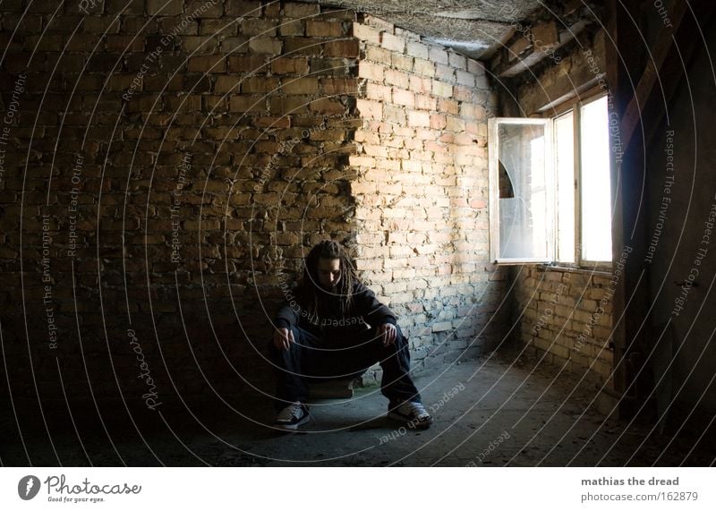 wait quietly Window Brick Room Insight Man Human being Sit Loneliness Think Meditative Bright Light Contrast Grief Derelict Transience Distress Sadness