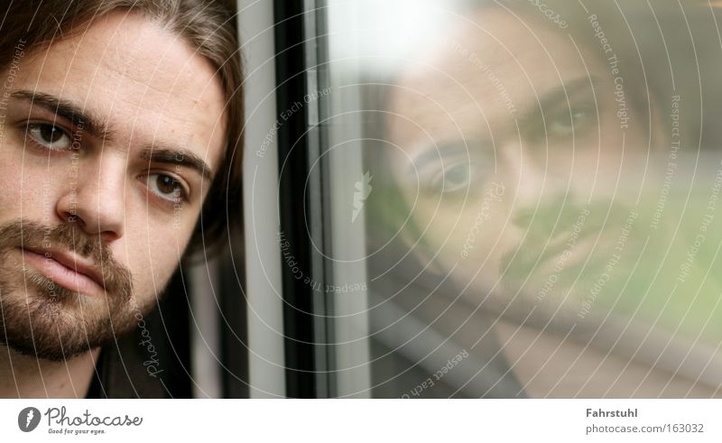 train ride Railroad Vacation & Travel Boredom Longing Window pane Head Face Reflection Transport