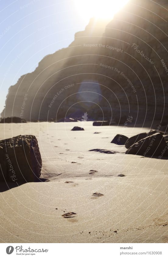 Algarve III Nature Landscape Sun Spring Summer Coast Ocean Emotions Moody Beach Sand Footprint Sunset Stony Portugal Lagos Relaxation Travel photography