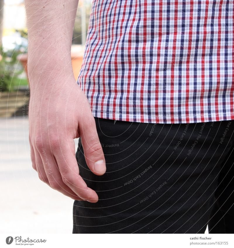 square hand Hand Shirt Checkered Red Blue White Black Man Pants Fingers Fingernail Close-up Hip Clothing Stand