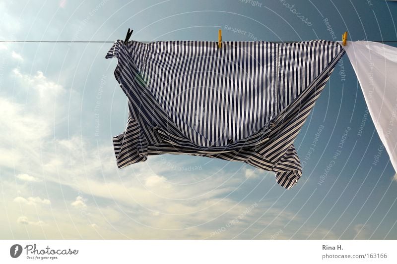 Laundry on line II Colour photo Exterior shot Detail Deserted Morning Light Sunlight Wide angle Joy Happy Summer Sky Clouds Wind Clothing T-shirt Shirt Stripe