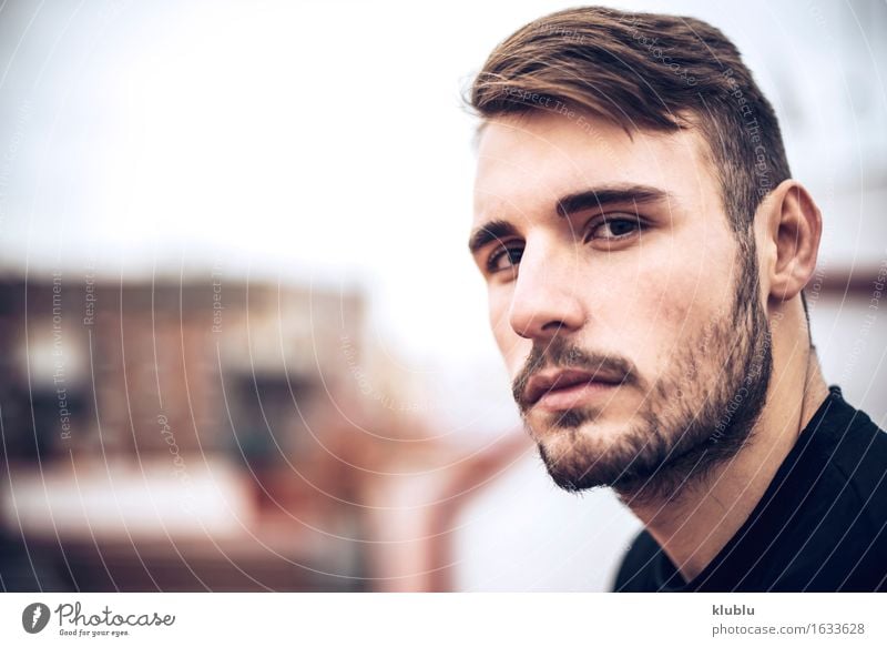 Handsome caucasian young man Lifestyle Style Happy Beautiful Face Leisure and hobbies Academic studies Camera Man Adults Environment Town Beard Smiling