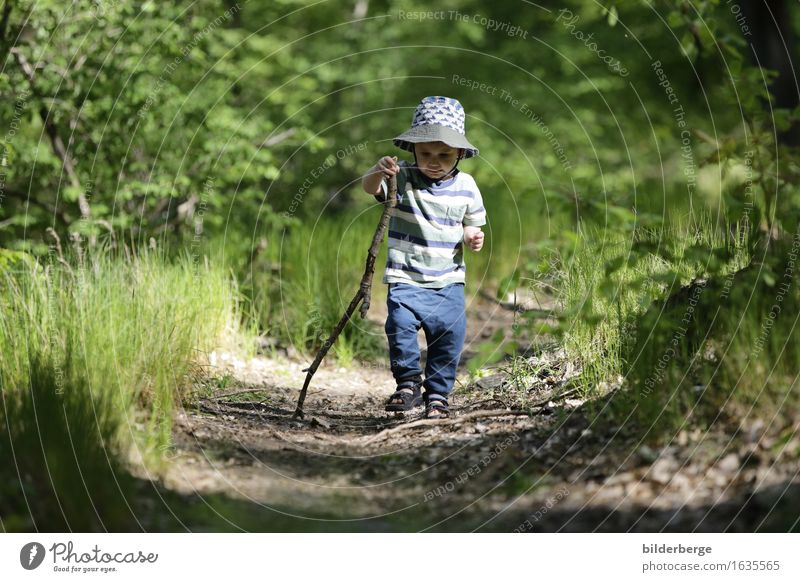 wanderer Joy Happy Vacation & Travel Summer vacation Hiking Child Toddler Environment Landscape Spring Tree Outskirts Hiking boots Cap Movement Playing Emotions