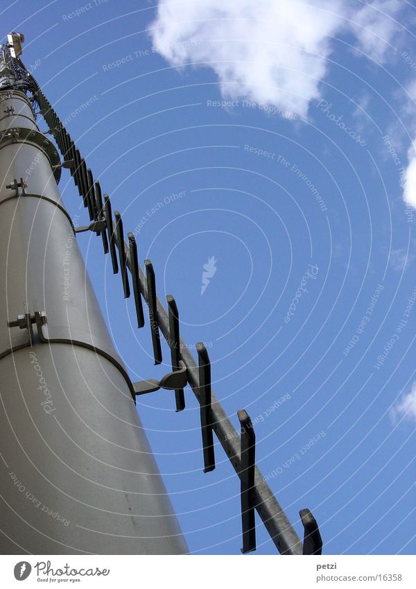 Ascent! Where are you going? Clouds Go up Tall Industry Electricity pylon Ladder Blue Sky