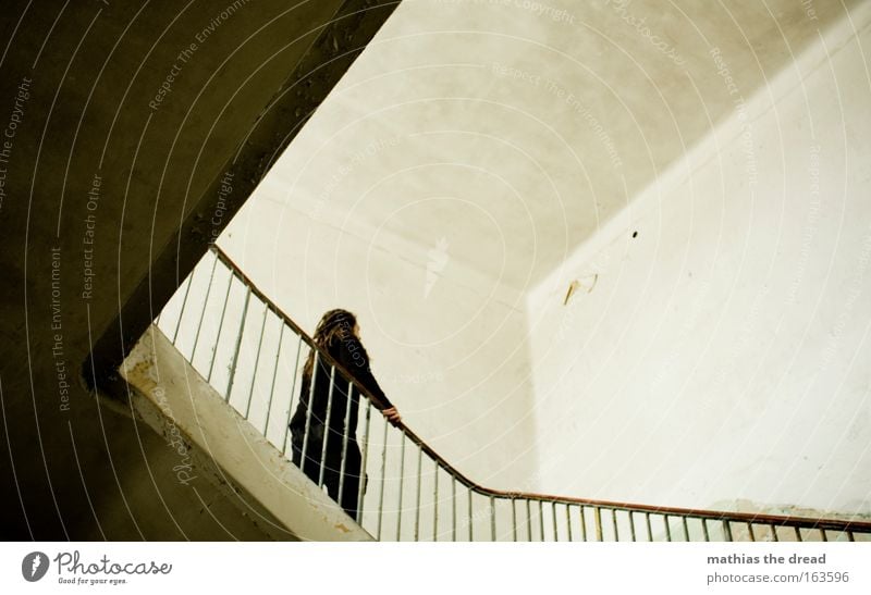 vanishing point Colour photo Interior shot Copy Space right Day Silhouette Shallow depth of field Worm's-eye view Looking away Room Human being Masculine Man