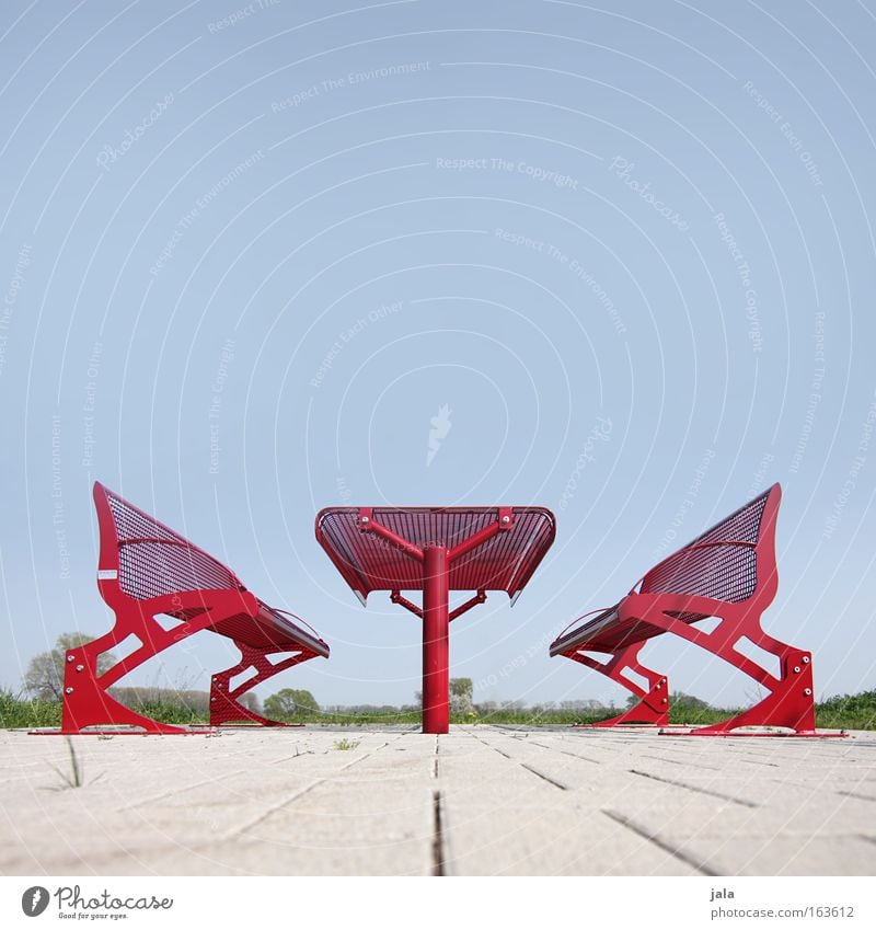 red pause #3 Colour photo Exterior shot Deserted Copy Space top Day Shallow depth of field Worm's-eye view Sky Park Places Motoring Highway Resting place Bench