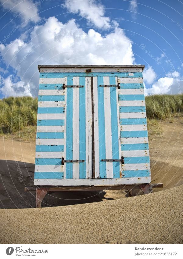 beach hut Calm Swimming & Bathing Freedom Summer Summer vacation Sun Beach Ocean Aquatics Sand Sky Clouds Beautiful weather Coast Hut Wood Blue