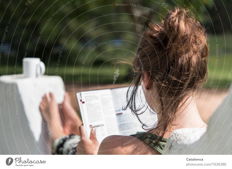 It all depends on the environment, young woman learns outside Hair and hairstyles Reading Far-off places Summer Garden Feminine Young woman Youth (Young adults)