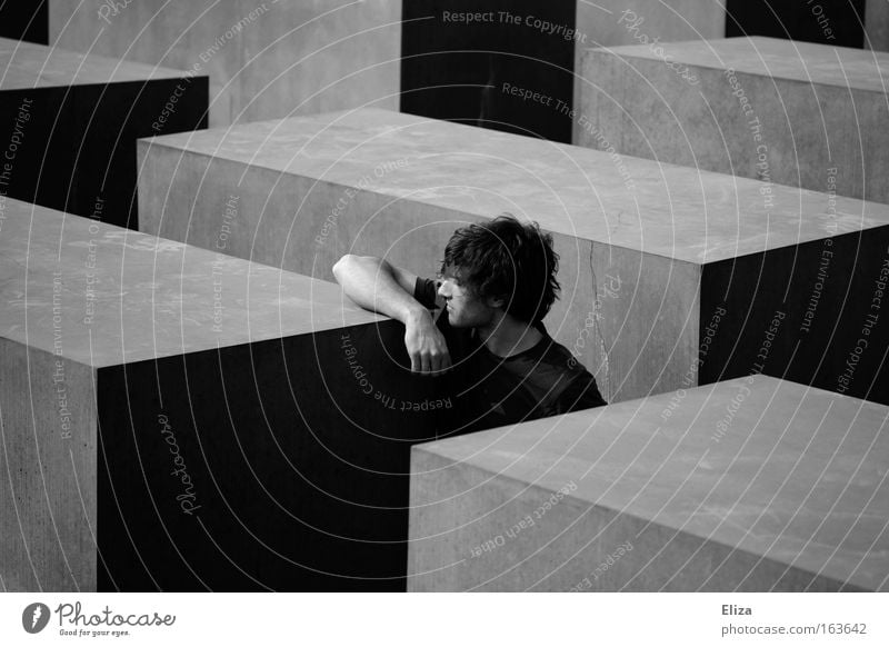 Stone by stone Black & white photo Exterior shot Day Deep depth of field Profile Human being Masculine Young man Youth (Young adults) 18 - 30 years Adults