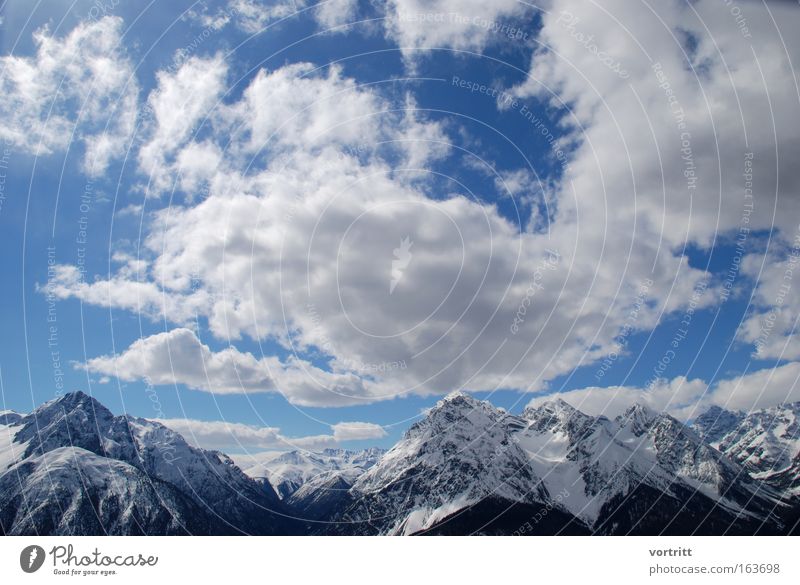 Champagne Powder Colour photo Exterior shot Deserted Copy Space top Day Sunlight Sunbeam Wide angle Skis Ski run Nature Landscape Air Sky Clouds