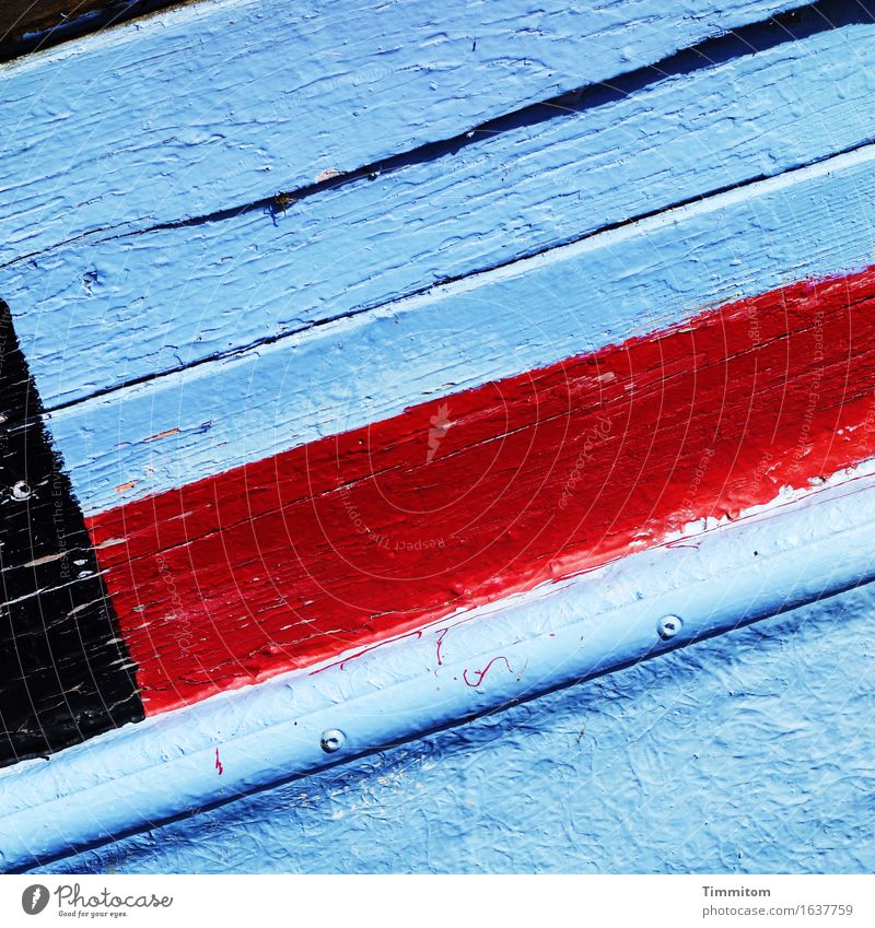 Greetings from DK. Denmark Navigation Fishing boat Wood Blue Red Black Colour Crack & Rip & Tear Plank Colour photo Exterior shot Deserted Day