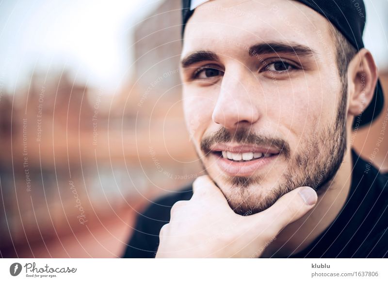 Handsome caucasian young man Lifestyle Style Happy Beautiful Face Leisure and hobbies Academic studies Camera Man Adults Environment Town Beard Smiling