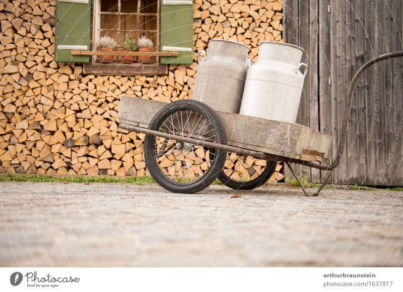 Milk cans on the cart in front of the barn Food Dairy Products Breakfast To have a coffee Beverage Drinking Hot drink Hot Chocolate Coffee Latte macchiato