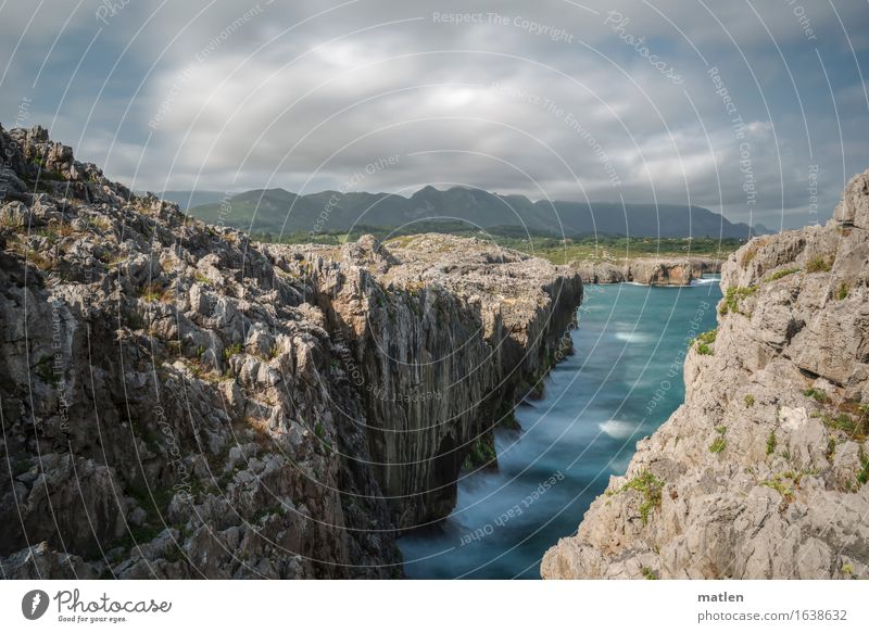 Asturias Nature Landscape Water Sky Clouds Summer Weather Beautiful weather Hill Rock Mountain Canyon Waves Coast Bay Fjord Reef Ocean Gigantic Blue Brown Green