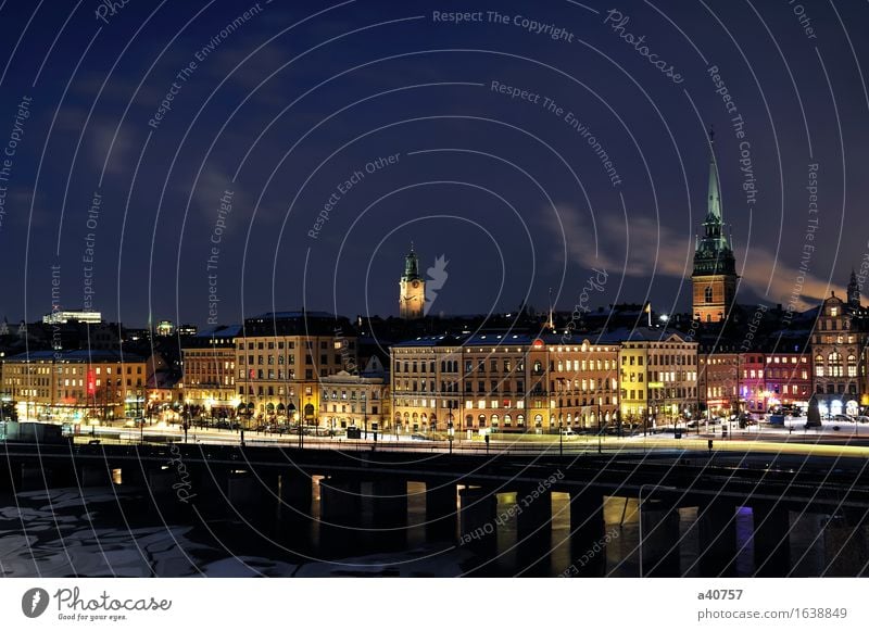 Gamla Stan in Stockholm Town City life Urban building Sweden Panorama (View) Night Built Structure Water Small Town Reflection Architecture Famousness Church