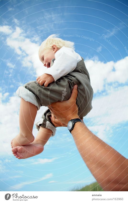 learning to fly Colour photo Exterior shot Sunlight Wide angle Full-length Profile Summer Child Baby Toddler Father Adults Family & Relations Infancy To hold on