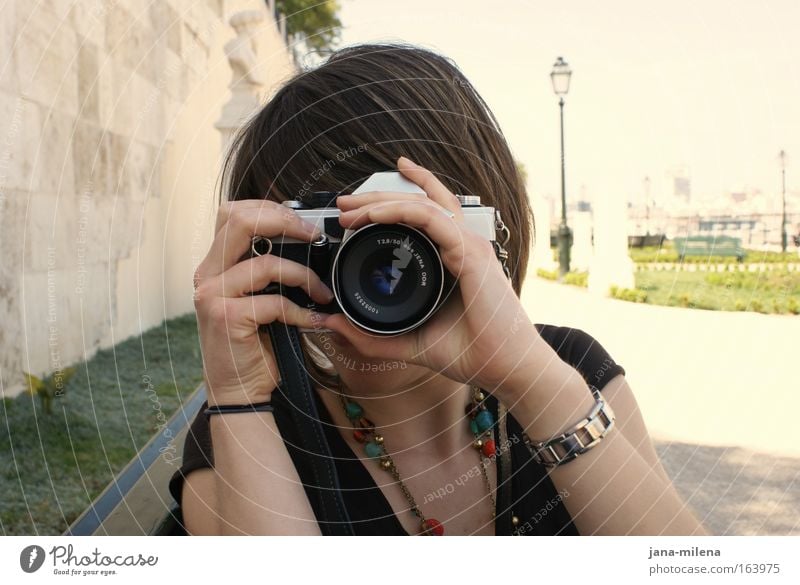 Lisbon Stories Colour photo Exterior shot Copy Space left Morning Day Light Shadow Contrast Sunlight Sunbeam Upper body Front view City trip Camera Human being