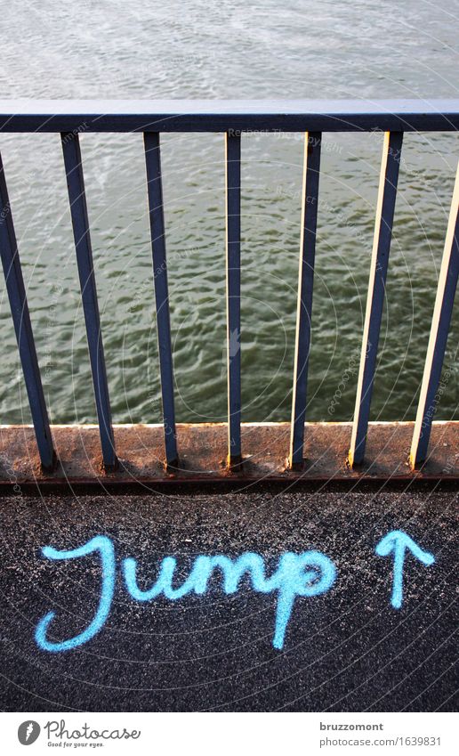 Van Halen Bridge, Düsseldorf River Rhine Deserted Bridge railing Stone Metal Characters Signs and labeling Signage Warning sign Swimming & Bathing To fall Jump