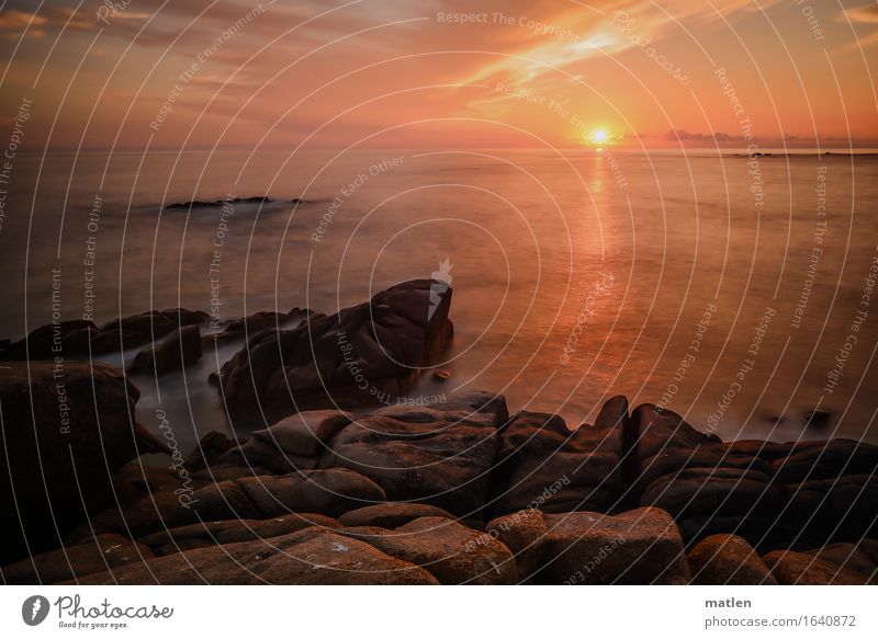 fiery red Nature Landscape Air Water Sky Clouds Horizon Sunrise Sunset Summer Weather Beautiful weather Rock Coast Fjord Reef Ocean Deserted Brown Red