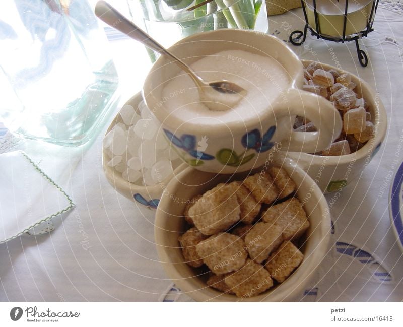 sugar variations Bowl Spoon Table Sweet Many Brown White Sugar crystals Things Colour photo Interior shot Deserted Copy Space right Bird's-eye view