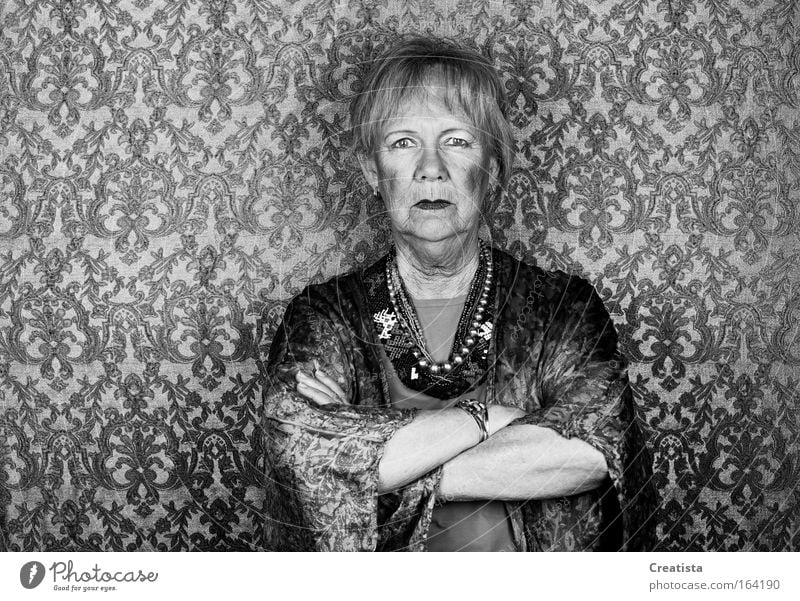 Skeptical senior woman Black & white photo Studio shot Upper body Looking Looking into the camera Forward Human being Feminine Female senior Woman