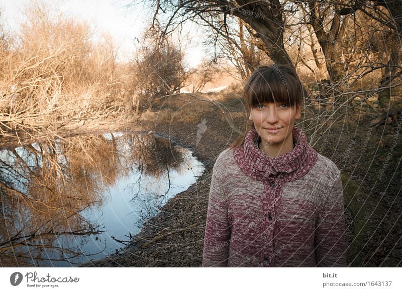 In the meadows Human being Feminine Young woman Youth (Young adults) Infancy Nature Water Autumn tree Forest Bog Marsh Pond smile Laughter luck Gloomy