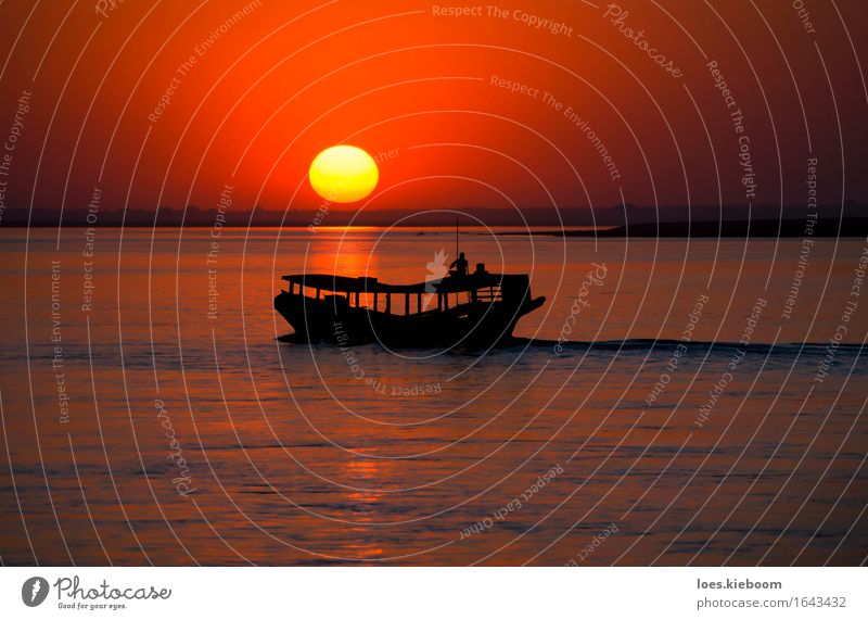 Big ball sunset at Irrawaddy with a boat Vacation & Travel Summer Beach Human being Nature Refrain Contentment river Ayeyarwady river Myanmar Sunset