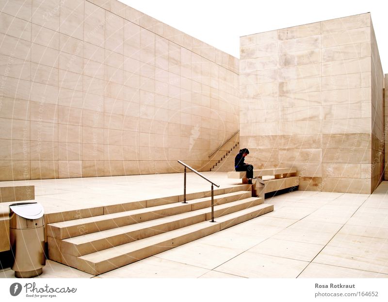 white cube Deserted Manmade structures Building Architecture Wall (barrier) Wall (building) Stairs Observe Sit Sadness Wait Threat Sharp-edged Simple Elegant