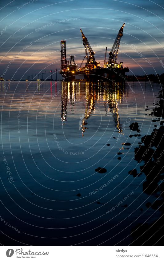 night shift Workplace Industry Trade Logistics Technology Wind energy plant Water Night sky Coast River bank Port of Rotterdam Netherlands Port City Harbour