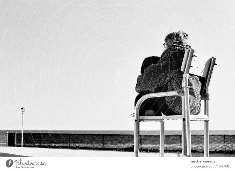 beach waitress Black & white photo Exterior shot Copy Space left Neutral Background Morning Dawn Day Light Sunlight Long shot Human being Young woman