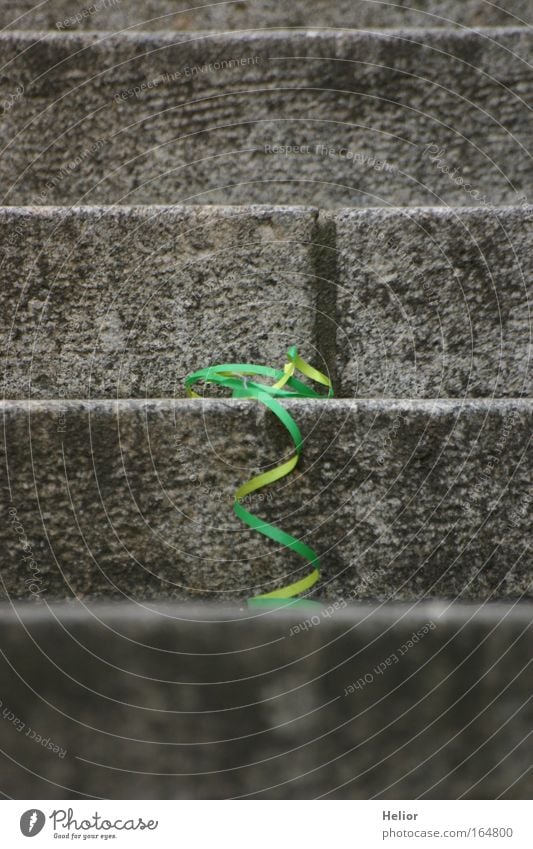 staircase Colour photo Detail Deserted Shadow Central perspective Party Stairs Pedestrian Paper Decoration Bow Stone Stripe String Yellow Gray Green Longing