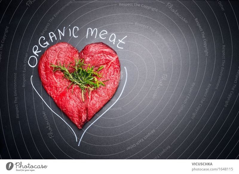 Heart shaped from raw meat with text: Organic Meat Food Herbs and spices Nutrition Organic produce Lifestyle Shopping Style Design Healthy Eating Restaurant