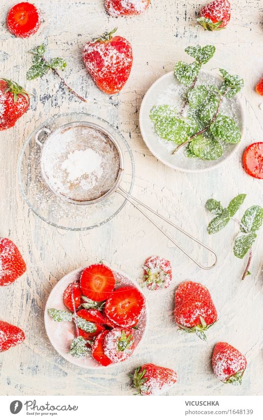 Fresh strawberries with mint and icing sugar Food Fruit Dessert Nutrition Organic produce Vegetarian diet Diet Crockery Plate Bowl Style Design Healthy Eating