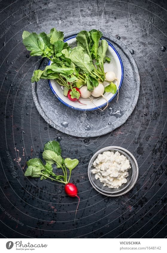 Juicy radishes with leaves and fresh corn cheese Food Cheese Vegetable Lettuce Salad Nutrition Lunch Buffet Brunch Banquet Picnic Organic produce