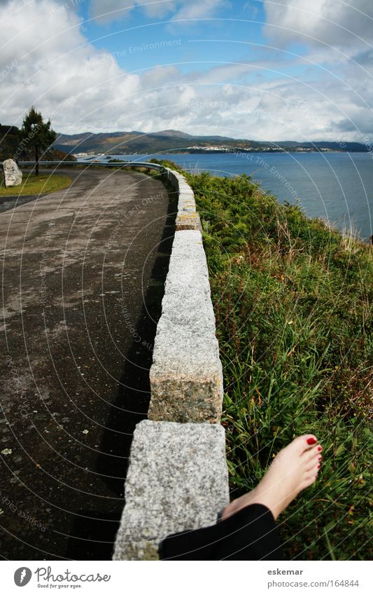 rest Landscape Coast Bay Fjord Ocean Atlantic Ocean ria Spain Galicia Transport Traffic infrastructure Road traffic Pedestrian Street Coastal road Barefoot