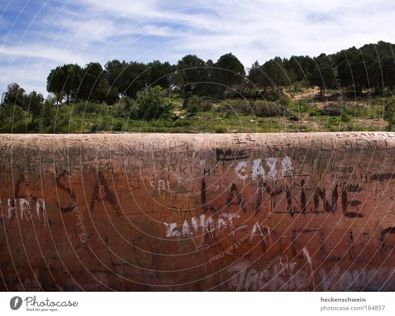 fool's hands Nature Tree Forest Hill Manmade structures Wall (barrier) Wall (building) Stone Characters Graffiti Old Warmth Brown Red Morocco Partition wall