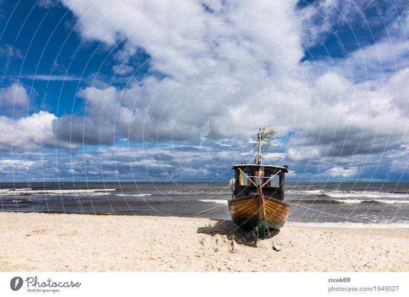 Fishing boat in Ahlbeck on the island Usedom Vacation & Travel Tourism Beach Ocean Nature Landscape Sand Water Clouds Coast Baltic Sea Watercraft Blue Romance