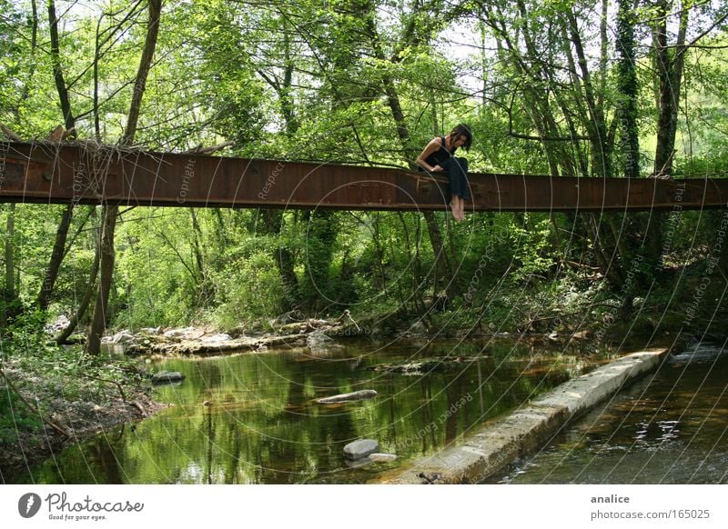 don't jump Colour photo Exterior shot Day Downward Adventure Far-off places Freedom Feminine 1 Human being Nature Plant Air Water Summer Tree Foliage plant