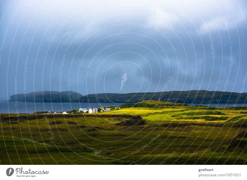 Lonely village in Scotland Isle of Skye Village Settlement Island Clouds Weather Sunbeam Travel photography Rain Loneliness Calm Peaceful Far-off places Ocean