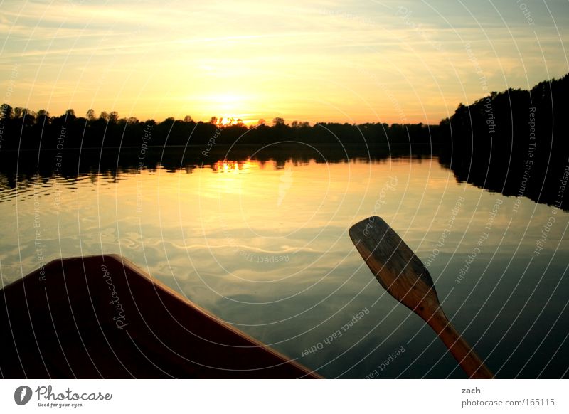 Evening auf´m Lake Colour photo Exterior shot Deserted Copy Space top Twilight Reflection Sunlight Sunrise Sunset Back-light Long shot Calm Fishing (Angle)