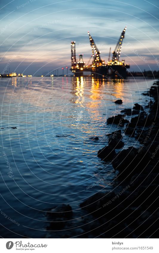 night shift Economy Logistics Services Technology Wind energy plant Crane Night sky Coast River bank Ocean Port of Rotterdam Netherlands Industrial plant