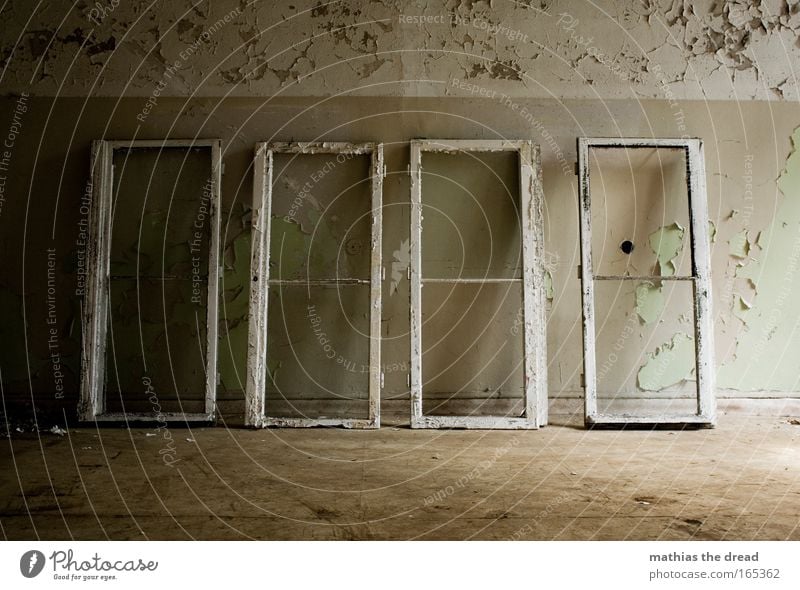 Cleaning windows Colour photo Subdued colour Interior shot Deserted Day Light Shadow Contrast Ruin Building Wall (barrier) Wall (building) Window Stone Wood Old