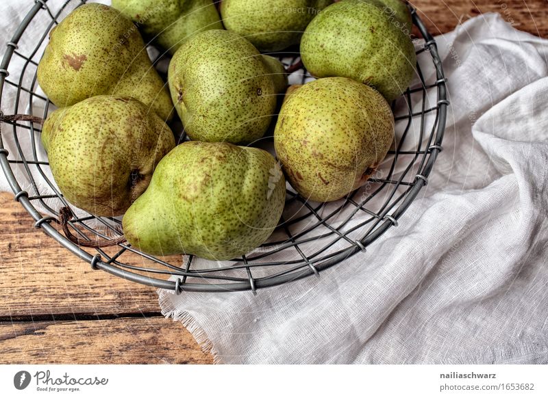 Still life with pears Food Fruit Pear Organic produce Vegetarian diet Diet Bowl Basket Style Snowboard Wood Metal Line Rag Textiles Tablecloth Fresh Healthy