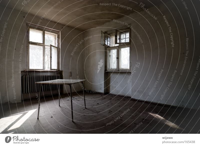 standstill Subdued colour Interior shot Deserted Copy Space right Day Shadow Sunlight Sunbeam Wide angle Redecorate Furniture Table Living room