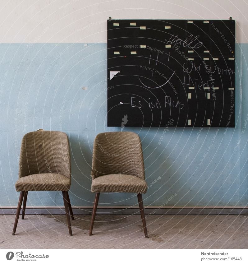 Old chairs and blackboard in one room as still life Lifestyle Design Interior design Furniture Armchair Chair Room Blackboard Industrial plant Wall (barrier)