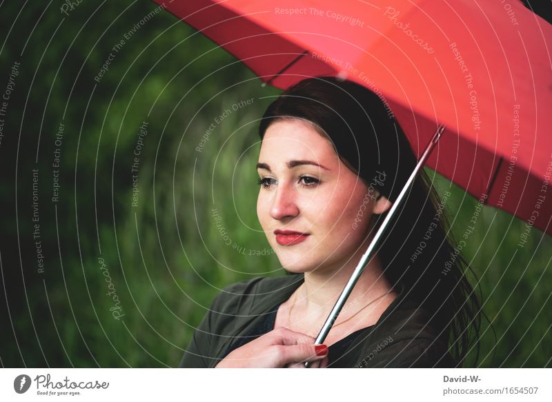 Young woman with red umbrella red nails and red lipstick Umbrella Red redder Lipstick Nail polish pretty Attractive good-looking Picturesque Work of art Nature