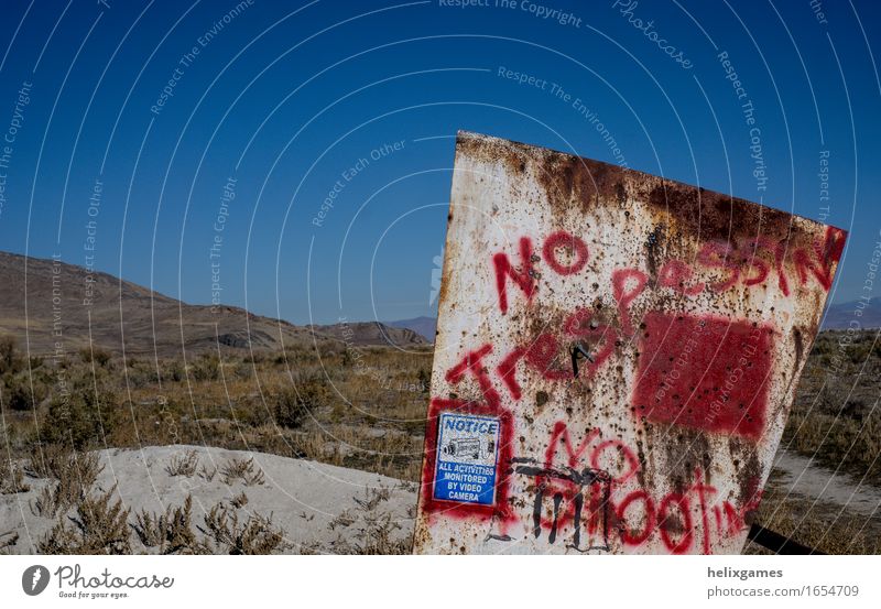 No Trespassing Sign Desert Kitsch Odds and ends Signage Signs and labeling Advice Communicate no trespassing Colour photo Exterior shot Deserted Copy Space left