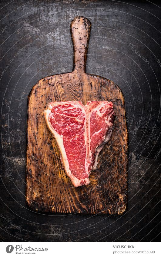 T-bone steak on rustic chopping board Food Meat Nutrition Dinner Buffet Brunch Banquet Organic produce Style Design Healthy Eating Kitchen Steak t-bone