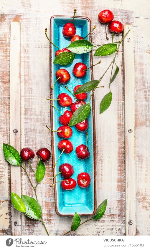 Sweet cherries with green leaves on plate Food Fruit Dessert Nutrition Breakfast Organic produce Vegetarian diet Diet Plate Style Healthy Eating Life Summer